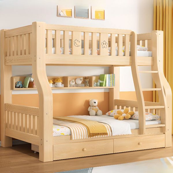 "Wood Grain Modern Wooden Standard Kids Bed with Mattress, Ladder, Guardrail, and Gender Neutral Design"