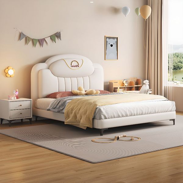 "Chalk Modish Lumber Standard Kids Bed with Synthetic Leather Headboard and Coir Mattress Gender Neutral"