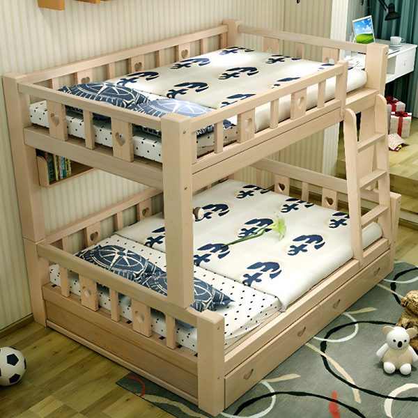 "Stylish Wood Color Modern Simple Style Bunk Children's Bed with Natural Wood, Underbed Storage, Ladder, Guardrail, & Multiple Mattress Sizes"