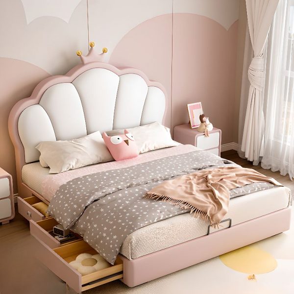 "Rose Natural Wood Standard Children Bed for Girl/Woman+ with Princess Theme, Synthetic Leather Upholstery, Coir Mattress & Headboard"