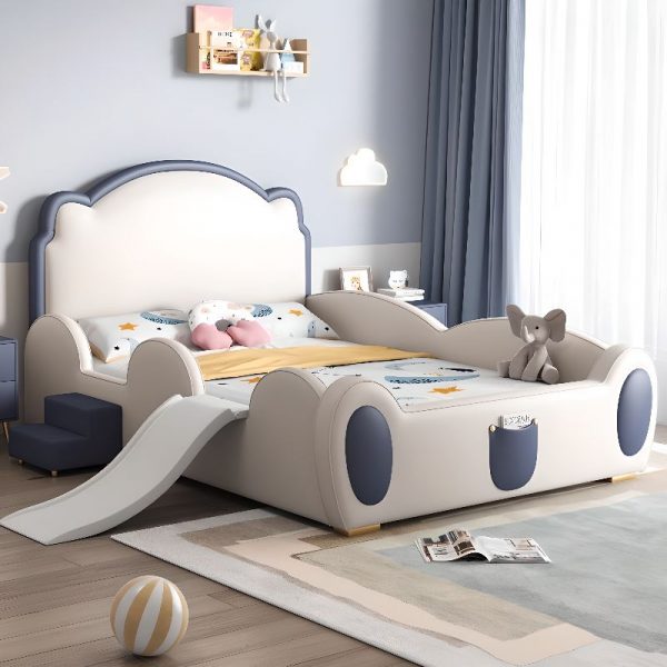 "Vibrant Blue Animals Theme Standard Kids Bed in Lumber with Synthetic Leather Upholstery, Headboard, Coir Mattress & Guardrail"