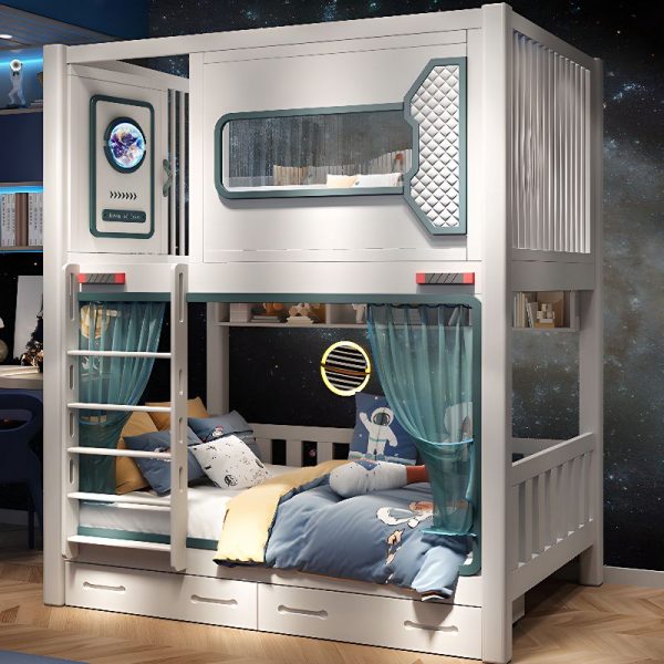 "White Space & Astronaut Themed Children Bunk Bed with Natural Wood, 6 Drawers Locker Storage, Bookstand & Stairs"