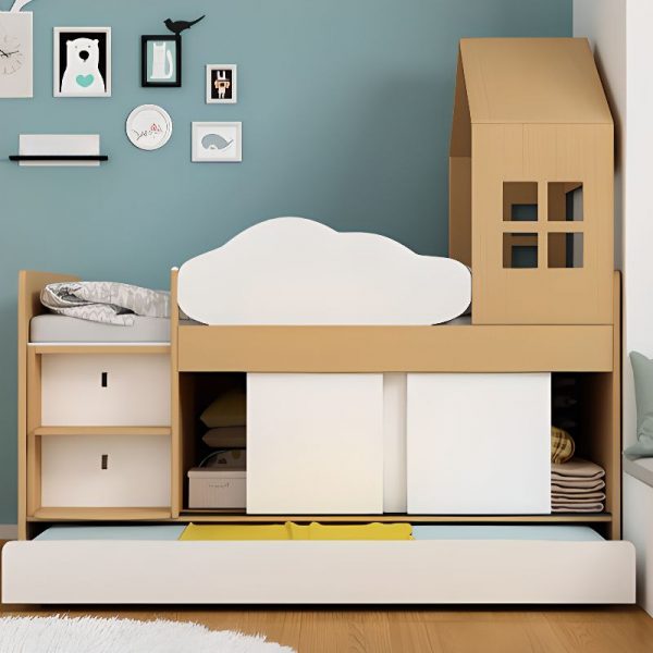 "Kids Daybed with Stockroom, 2 Drawers, 1 Cabinet, Headboard, Footboard, Sponge Mattress, and Ladder"