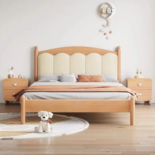 "Modern Simple Style Natural Wood Standard Kids Bed with Synthetic Leather Upholstery, Headboard, Coir Mattress Fill, Gender Neutral"