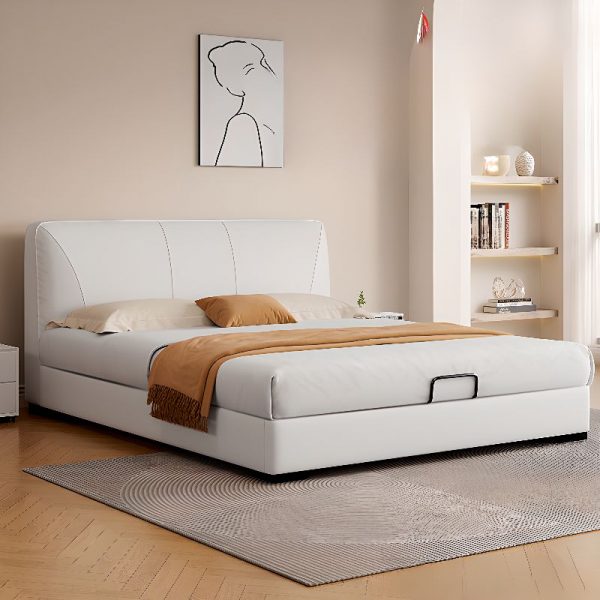 "White Simplistic Upholstered Standard Children Bed with Synthetic Leather, Headboard, Underbed Storage for Gender Neutral"