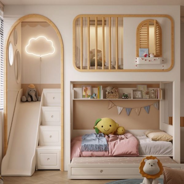 "White Children Bunk Bed with Guardrail, Bookstand and Ladder, Underbed Storage and Coir Mattress in a Trendy Style, 2 Drawers Included/Not Included"