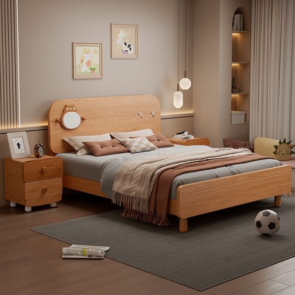 "Modern Wood Color Oak Wood Standard Kids Bed with Latex Mattress, Headboard, Gender Neutral"