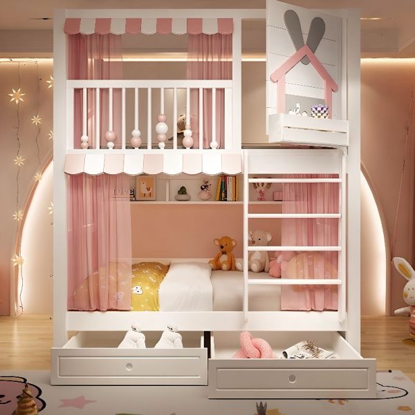 "Peony Girl/ Woman+ Children Bunk Bed with Guardrail, Locker and Book Display, 6 Drawers/4 Drawers & Stairs Included/Not Included"