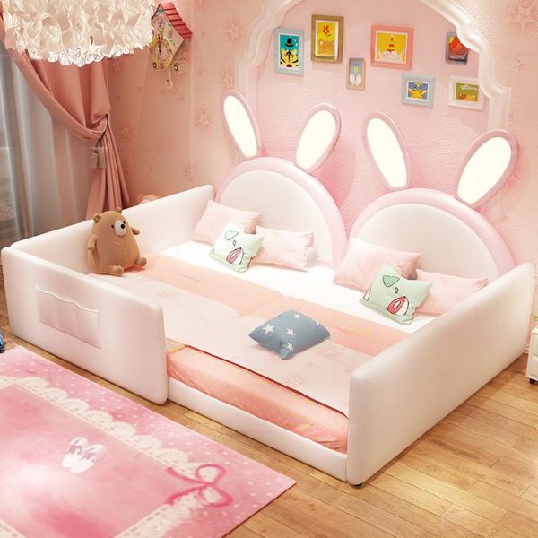 "White Upholstered Standard Children Bed with Synthetic Leather in Animal Theme for Girls, Includes Detachable Guardrails and Headboard"