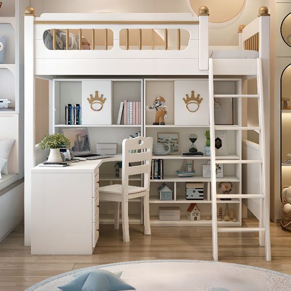 "Modern White Rubberwood Children Loft Bed with 4 Drawers, Locker Storage, Stairs, and Guardrail"