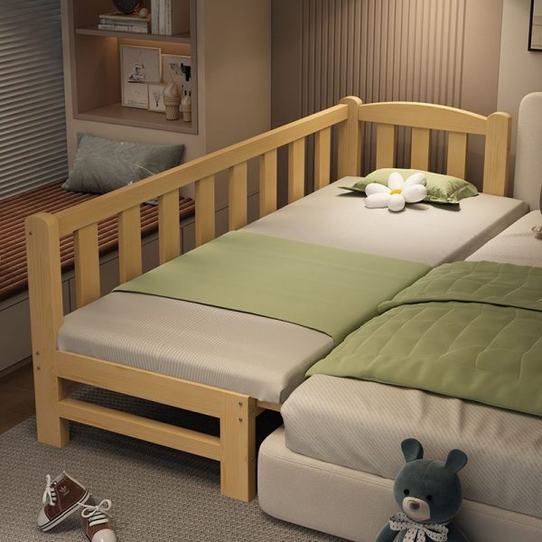 "Natural Finish Modish Lumber Standard Kids Bed with Coir Mattress & Guardrail, Gender Neutral"