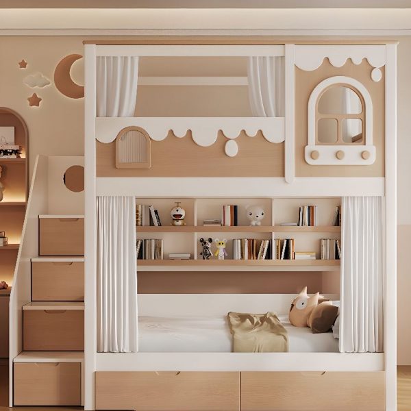 "Natural Finish Dollhouse Themed Bunk Children's Bed with Stockroom Storage, 3 Drawers, Book Rack, Ladder & Guardrail"