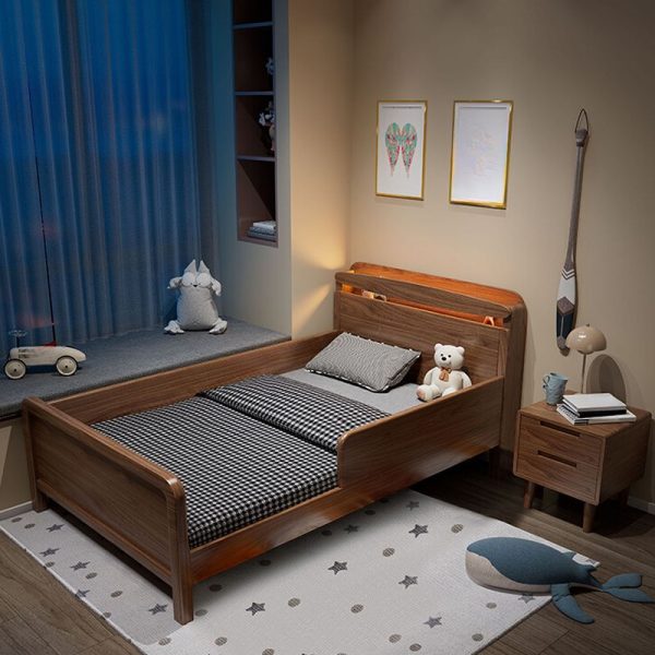 "Sepia Modish Natural Wood Standard Kids Bed with Headboard, Footboard, Guardrail for Gender Neutral"