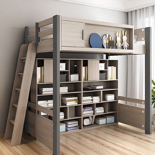 "Art Deco Gray Wood Kids Loft Bed with Repository, Bookstand, Ladder and Guardrail"