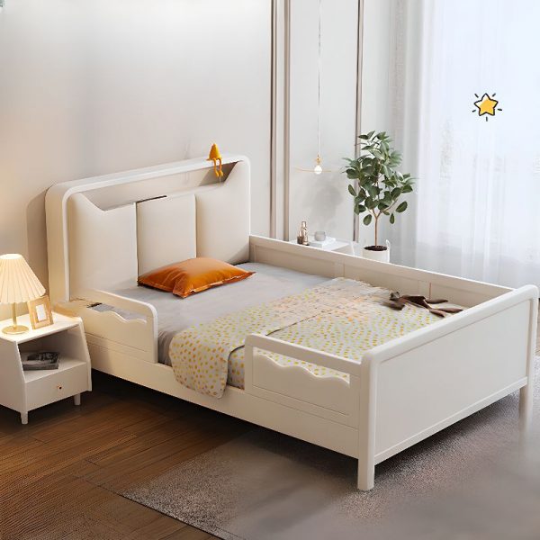 "Sleek White Modern Wood Standard Kids Bed with Headboard, Footboard, Spring Mattress & Detachable Guardrails"