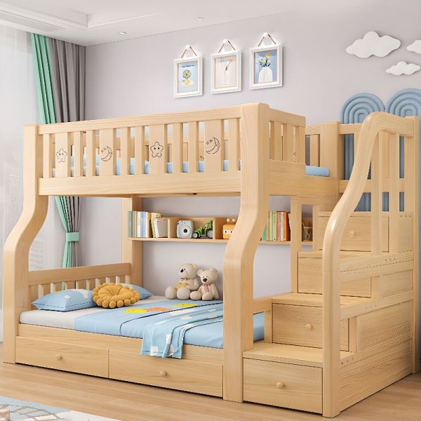 "Natural Color Multiple Mattress Sizes Children Bunk Bed with Guardrail and Stairs, Stockroom & 6 Drawers & Bookstand Included/Not Included"