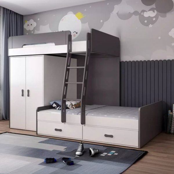 "Chalk Children Bunk Bed with Guardrail, Ladder, Container, 2 Drawers and Book Cabinet, 1 Cabinet Included"