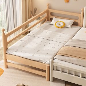 "Trendy Wood Color Lumber Standard Kids Bed with Coir Mattress & Guardrail for Gender Neutral"