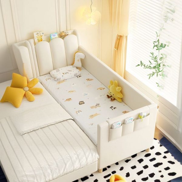 "Elegant White Upholstered Standard Children Bed with Synthetic Leather, Footboard, Coir Mattress, Headboard Storage & Detachable Guardrails"